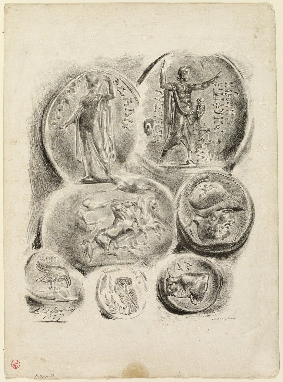 Ark med syv antikke medaljer af Eugène Delacroix