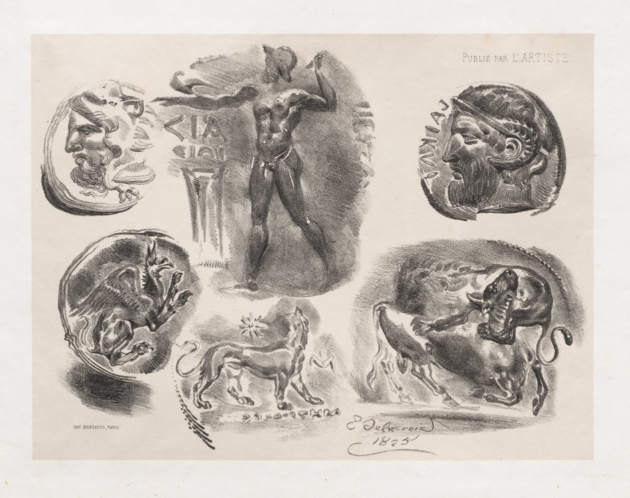 Ark med seks antikke mønter af Eugène Delacroix