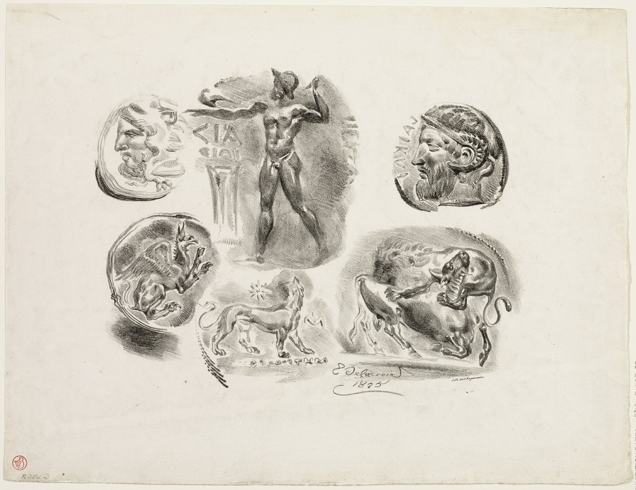 Ark med seks antikke medaljer af Eugène Delacroix