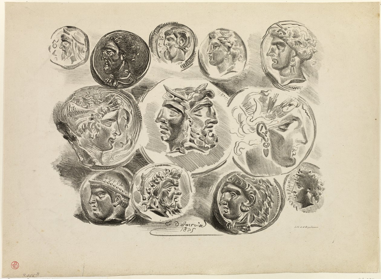 Ark med tolv antikke medaljer af Eugène Delacroix