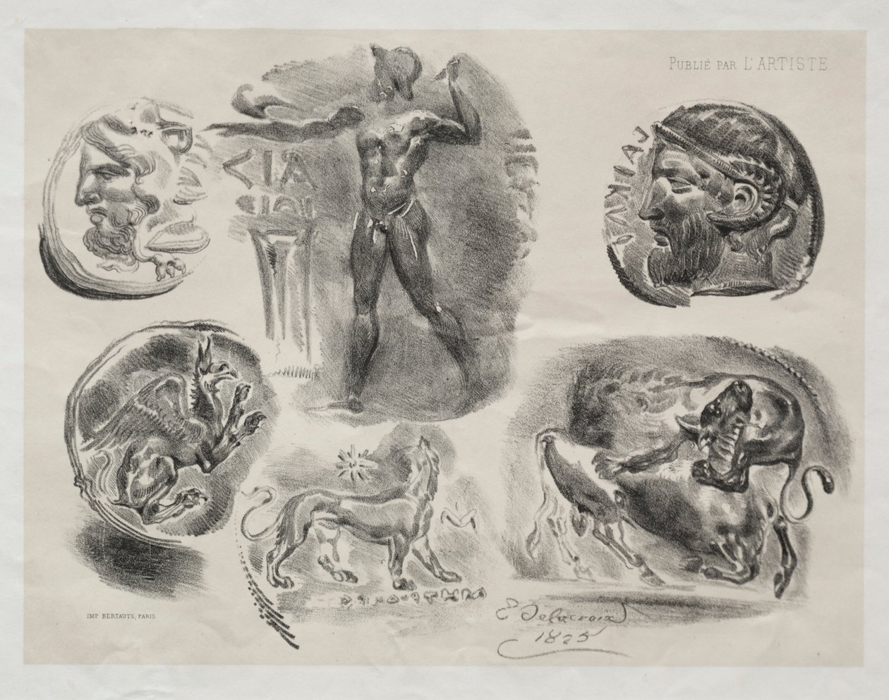 Ark med seks antikke medaljer af Eugène Delacroix