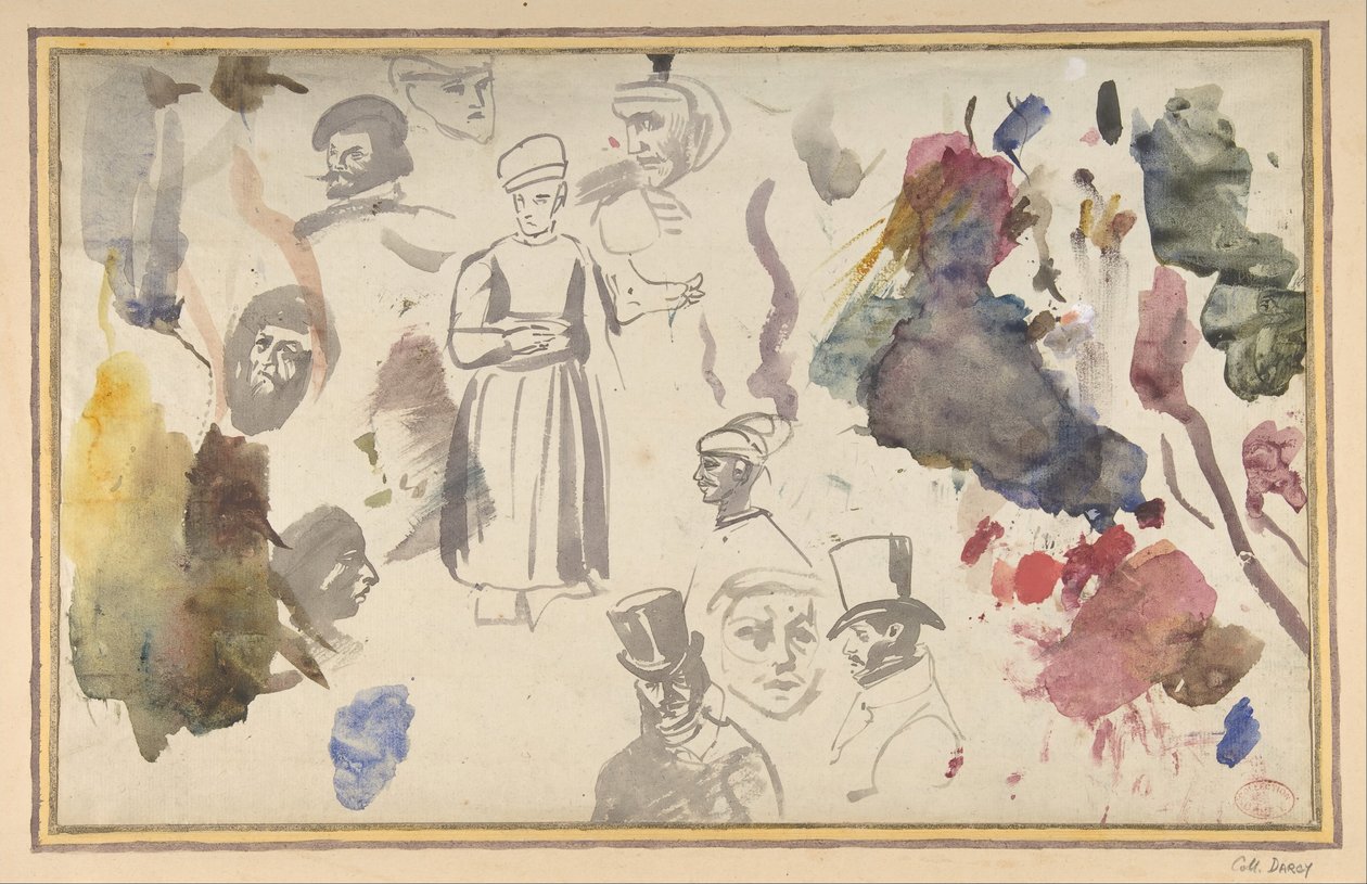 Studier af mandlige hoveder og en stående mandsfigur,. af Eugène Delacroix