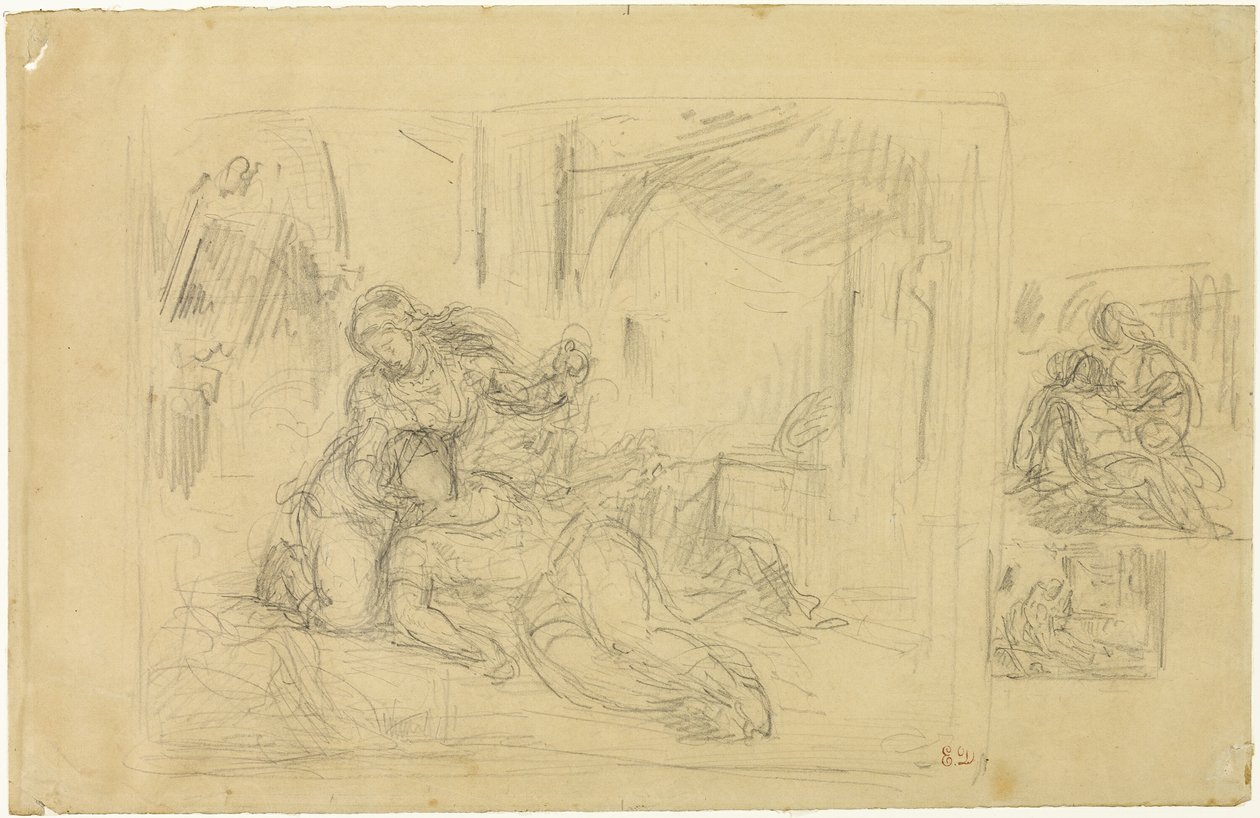 Døende kvinde(?), Mand i soveværelset, to skitser af samme af Eugène Delacroix