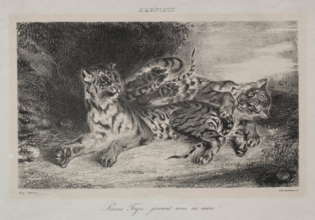 Ung tiger leger med sin mor af Eugène Delacroix