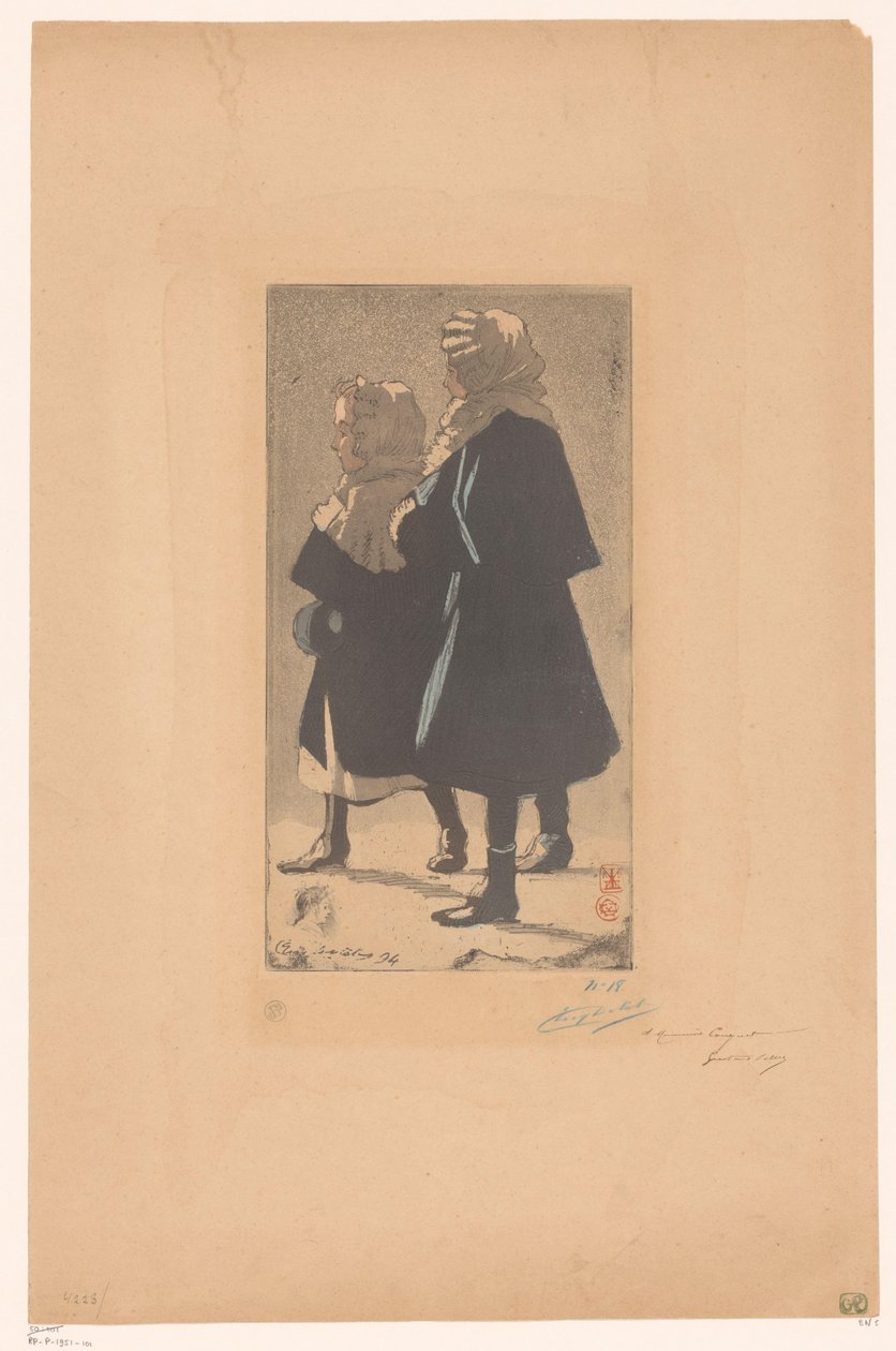 To piger i vintertøj af Eugène Delâtre (signed by artist)
