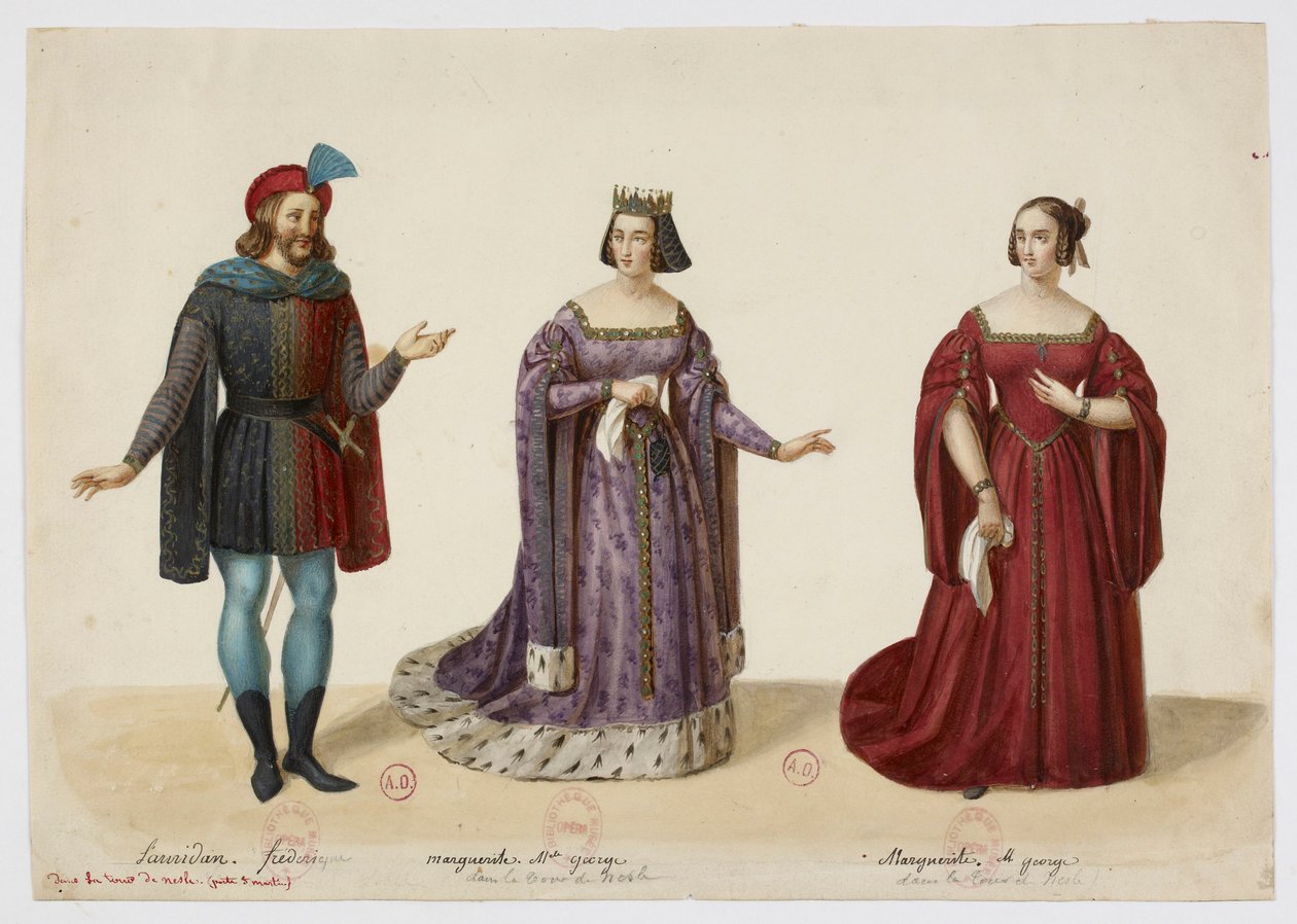 Kostumer - Frederic Lemaitre som Buridan, Mlle George som Marguerite de Bourgogne (La Tour de Nesle, september 1832) af Eugène Du Faget