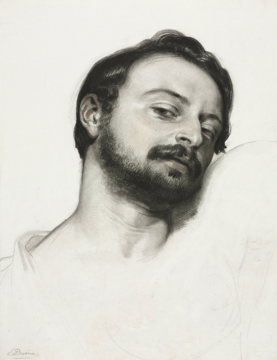 Hoved af en mand (trækul forstærket med sanguine på hvidt karton) af Eugène François Marie Joseph Devéria
