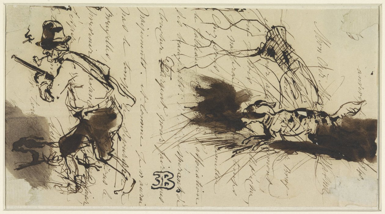 Jæger med hund, tegnet over et bogstav af Eugène François de Block