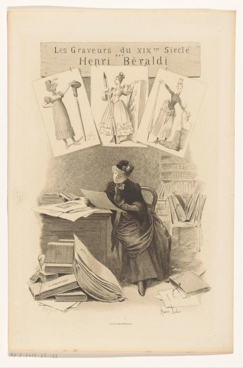 Kvinde ser på billeder bag et skrivebord Titelside for: Henri Béraldi, Les engravers du XIXe siècle, 1899 af Eugène Gaujean