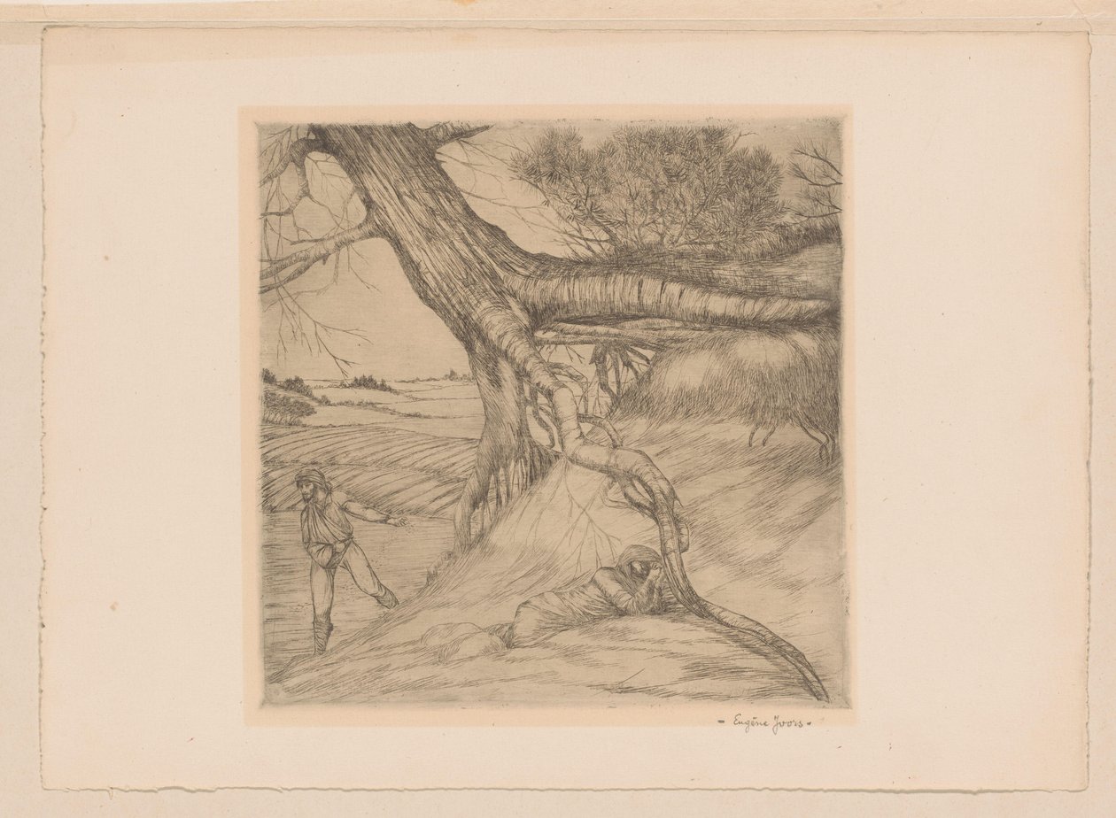 Såmand og liggende figur med foldede hænder i et landskab af Eugène Joors (signed by artist)