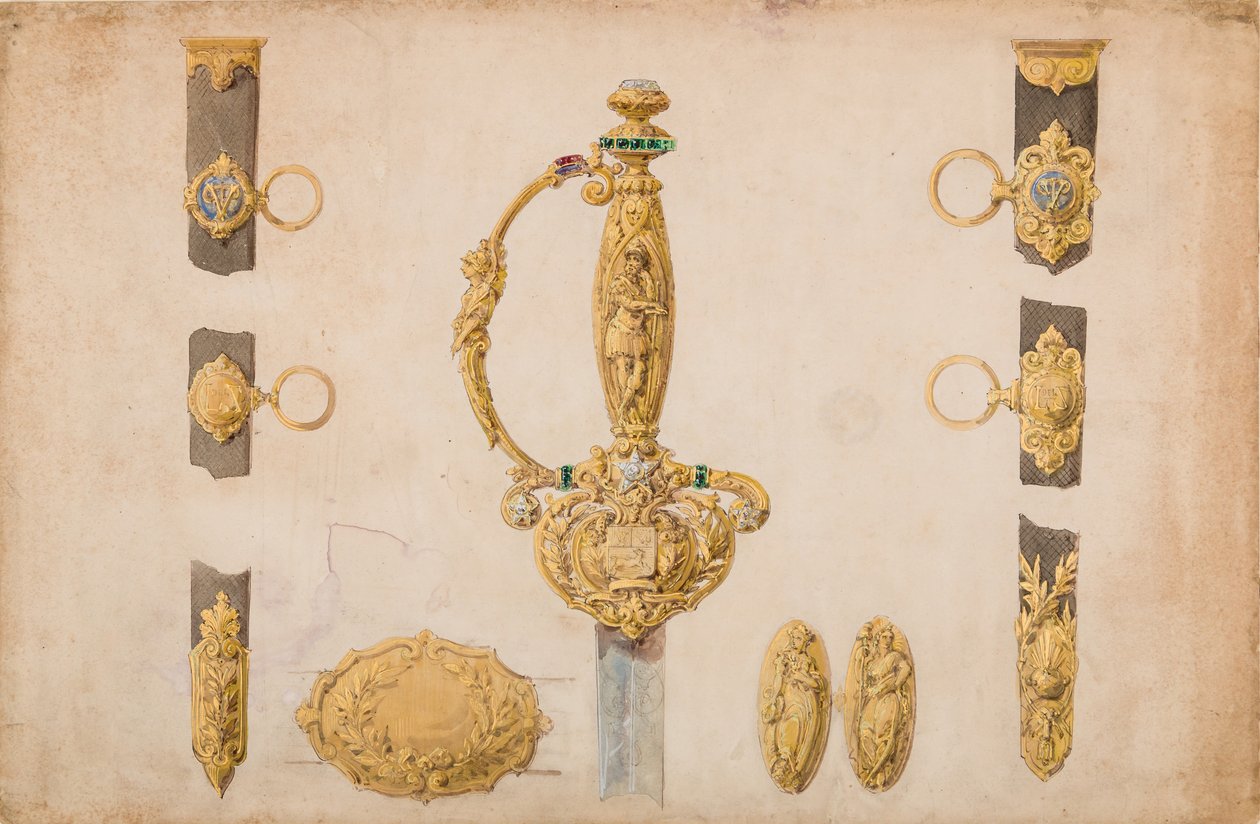 Design til et sværdfælt, skede og bæltebeslag, ca. 1840-50. af Eugène Julienne.