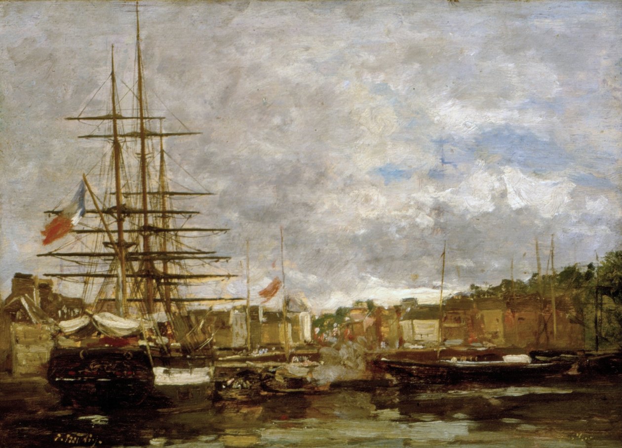 Honfleur - Skibe, der ligger til kaj i havnen af Eugene Louis Boudin