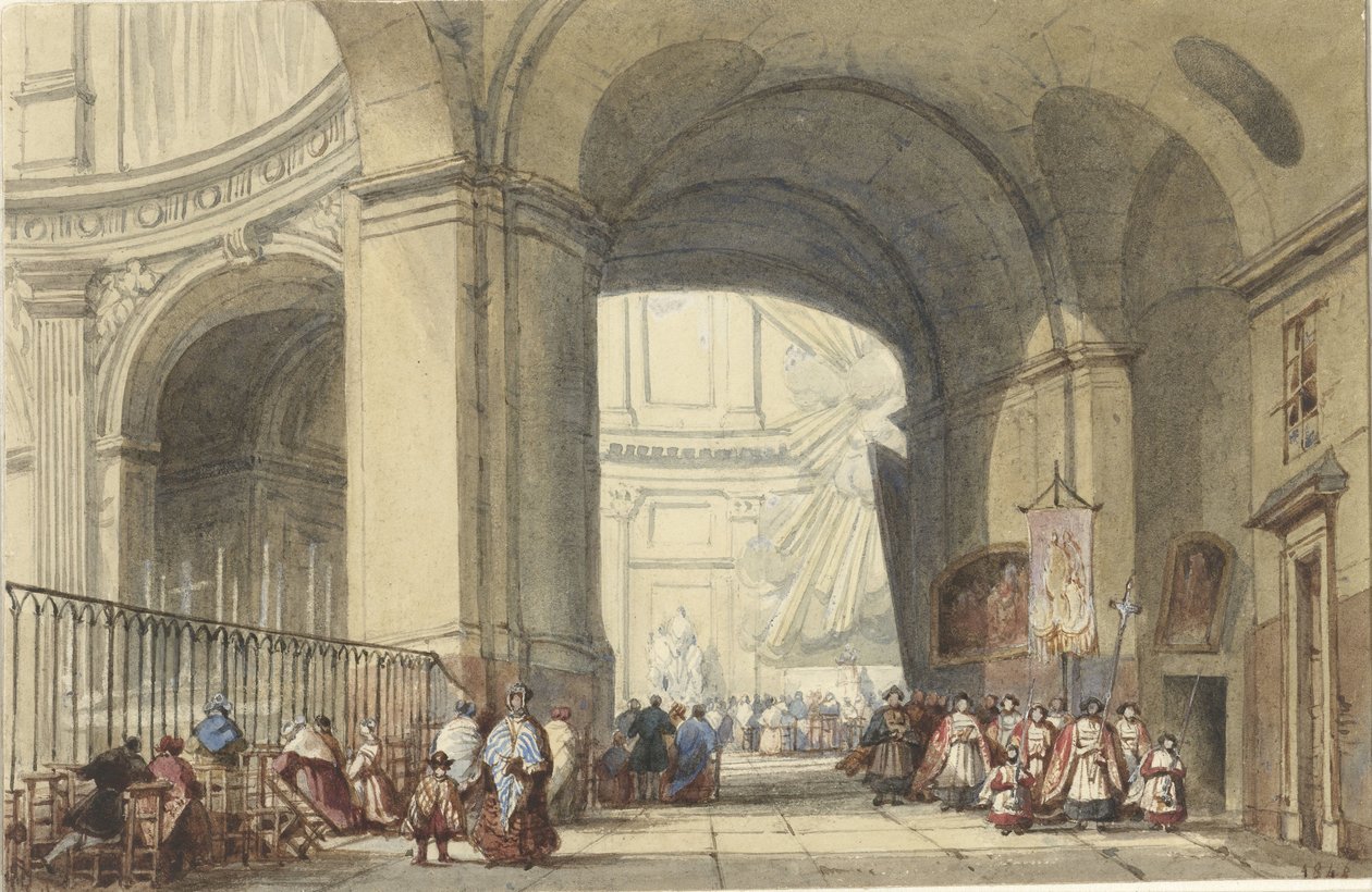 Interiør af S. Roche i Paris, med en procession i forgrunden af Eugène Louis Lami (possibly)