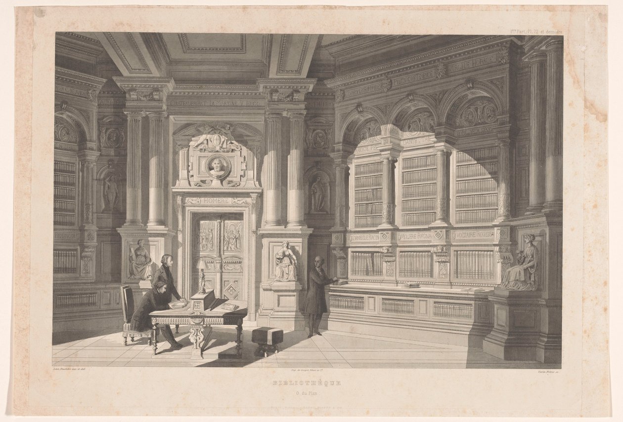 Interiør af et bibliotek Bibliothèque O. du Plan (titel på objekt) af Eugène Napoléon Varin