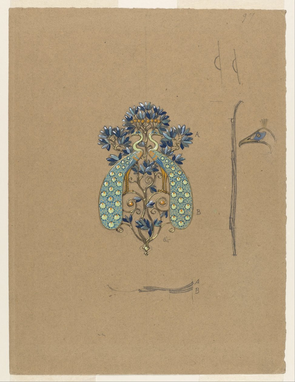 Design til et bæltespænde med påfuglemotiv af Eugene Grasset
