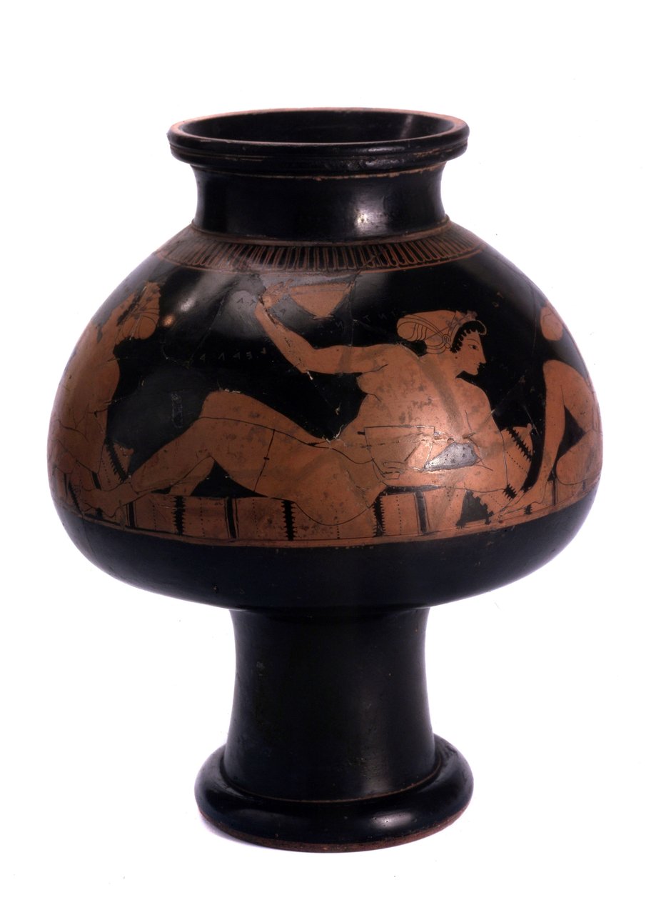 Attisk vase med rødfigurer og symposionsscene, 505-500 f.Kr. Keramik af Euphronios