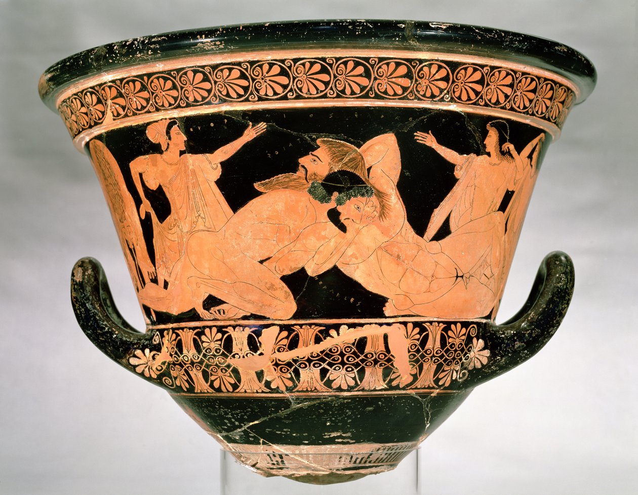 Attic rød-figur calyx-krater skildrer Herakles Wrestling with Antaeus, fra Cervetri, Italien, ca. 510 f.Kr. (keramik) (se også 92570) af Euphronios