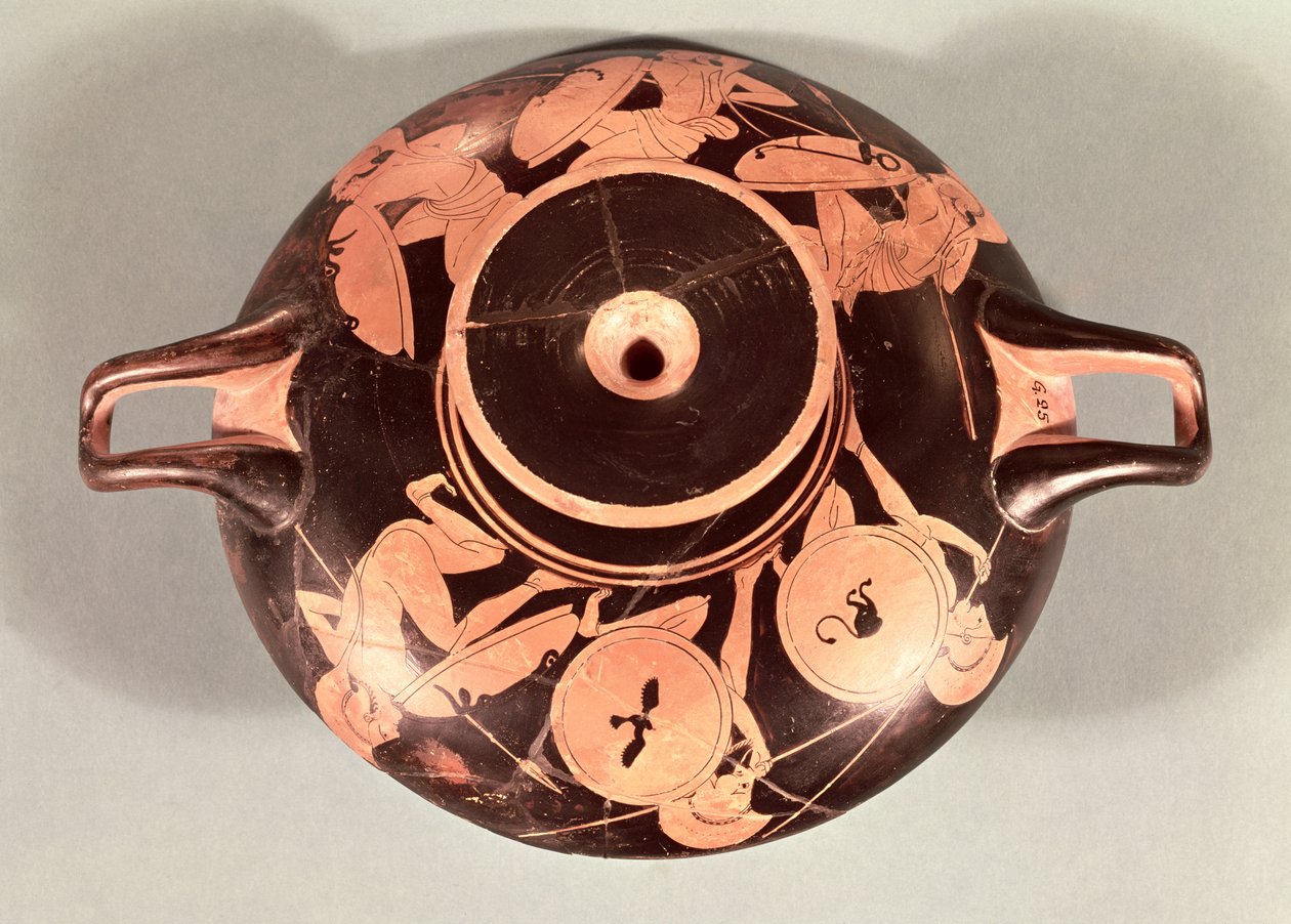 Loftskål med rød figur, der forestiller krumbøjede hoplitter (keramik) af Euphronios