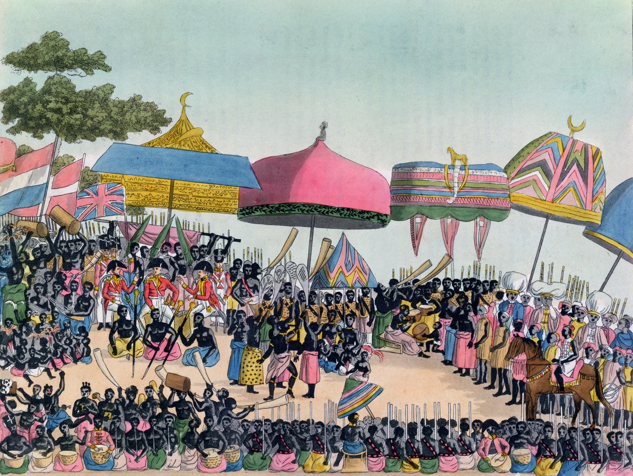 Reception for den engelske ambassadør holdt af Ashanti i Comassi, Ghana, ca. 1818, indgraveret af A. Biasioli af European School
