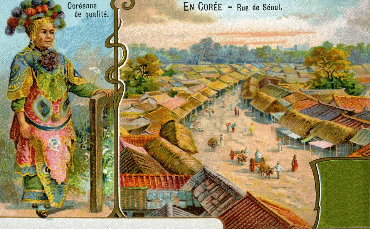 En koreansk dame i traditionel kjole og udsigt over en gade i Seoul, 1904 af European School