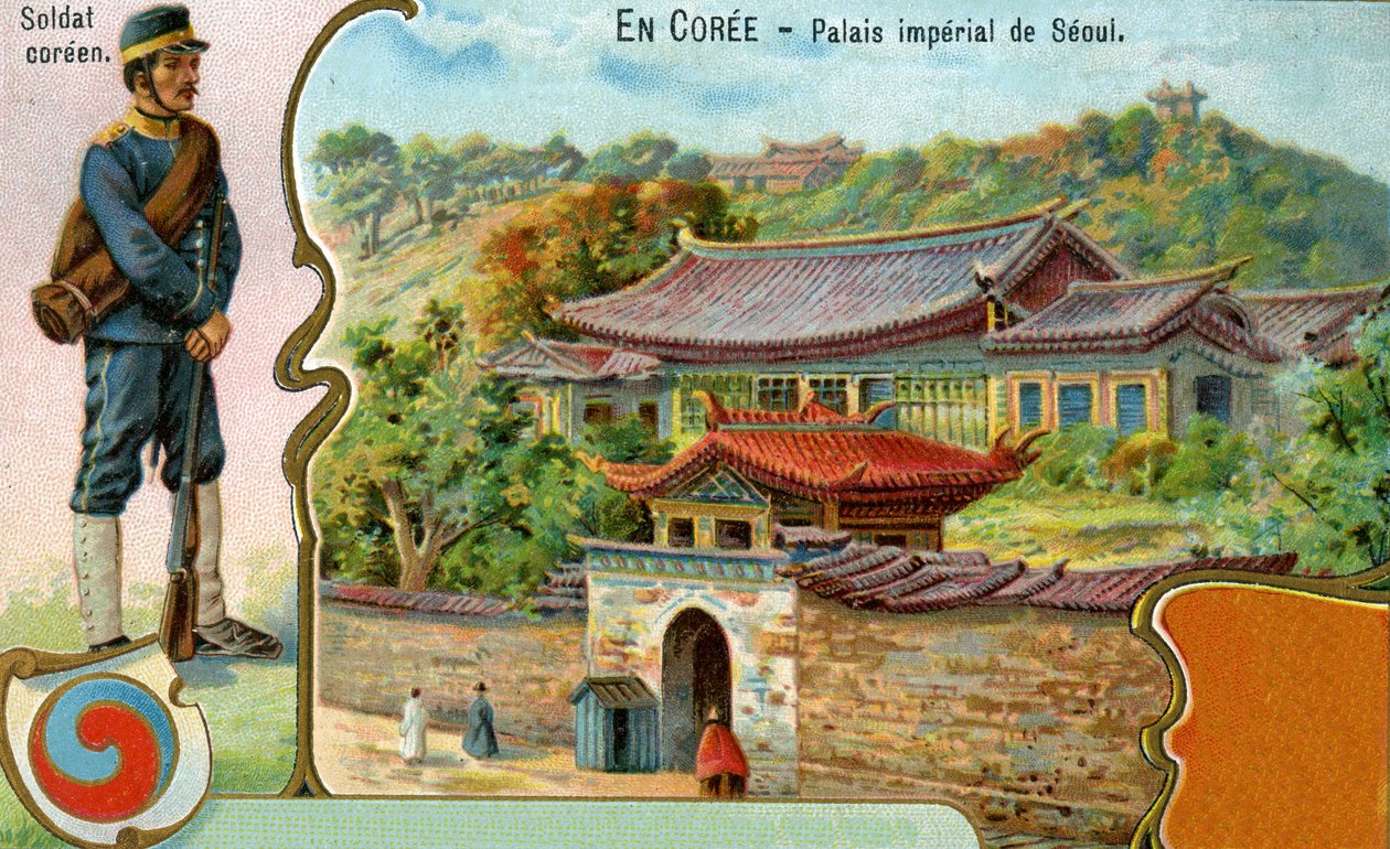 En koreansk soldat, det koreanske symbol på Taegeuk og udsigt over det kejserlige palads i Seoul, 1904 af European School