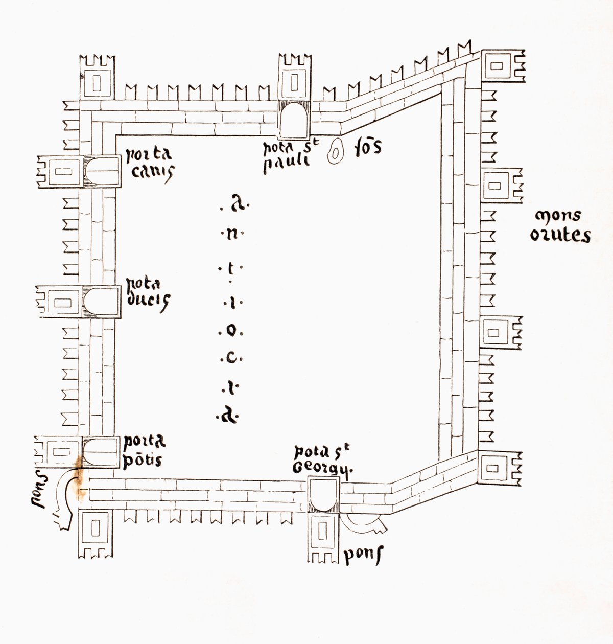 En plan for Antiokia fra det 13. århundrede, der viser dets fem porte, ca. 1880 af European School