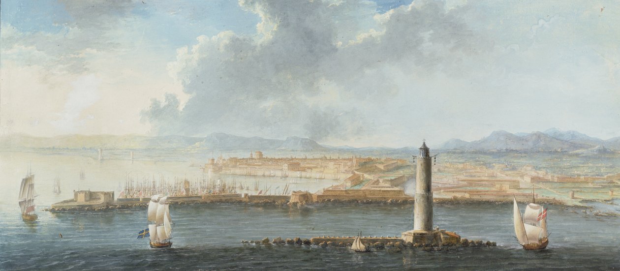 En udsigt over en havn fra havet, sandsynligvis Livorno (pen, brunt blæk og gouache) af European School