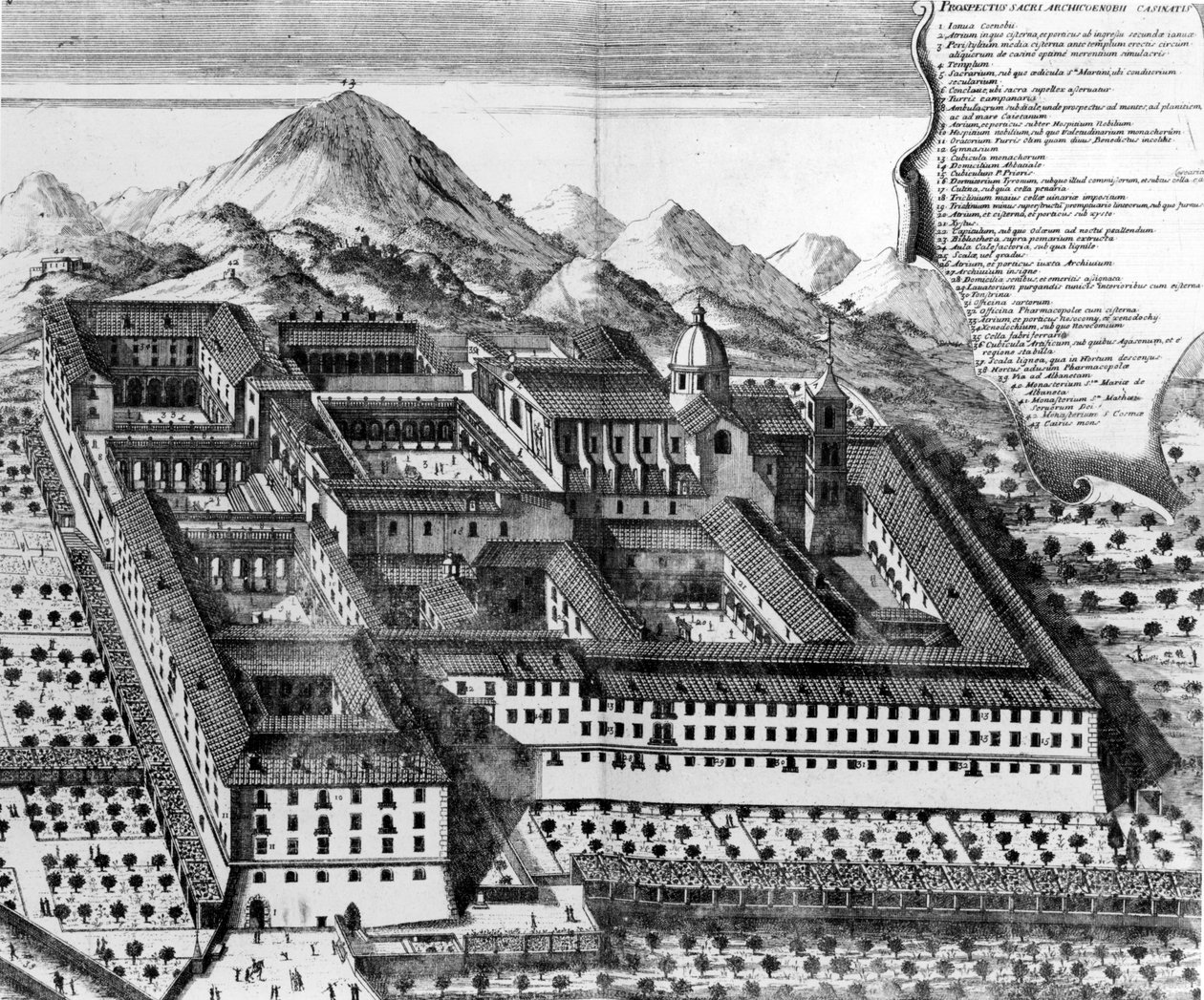 Luftfoto af Monte Cassino, Italien gravering) af European School
