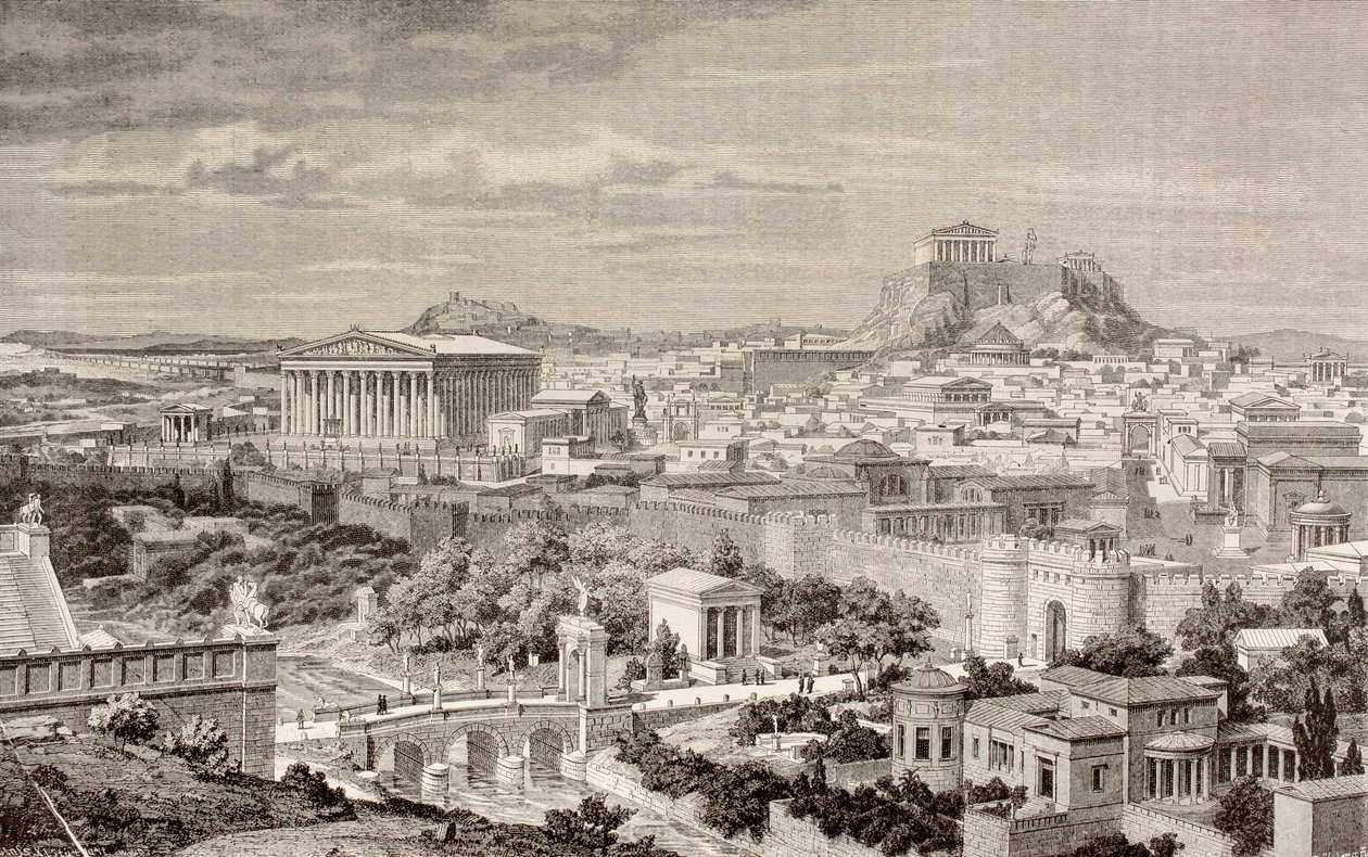 Kunstnerindtryk af Athen, på kejser Hadrians tid, fra 