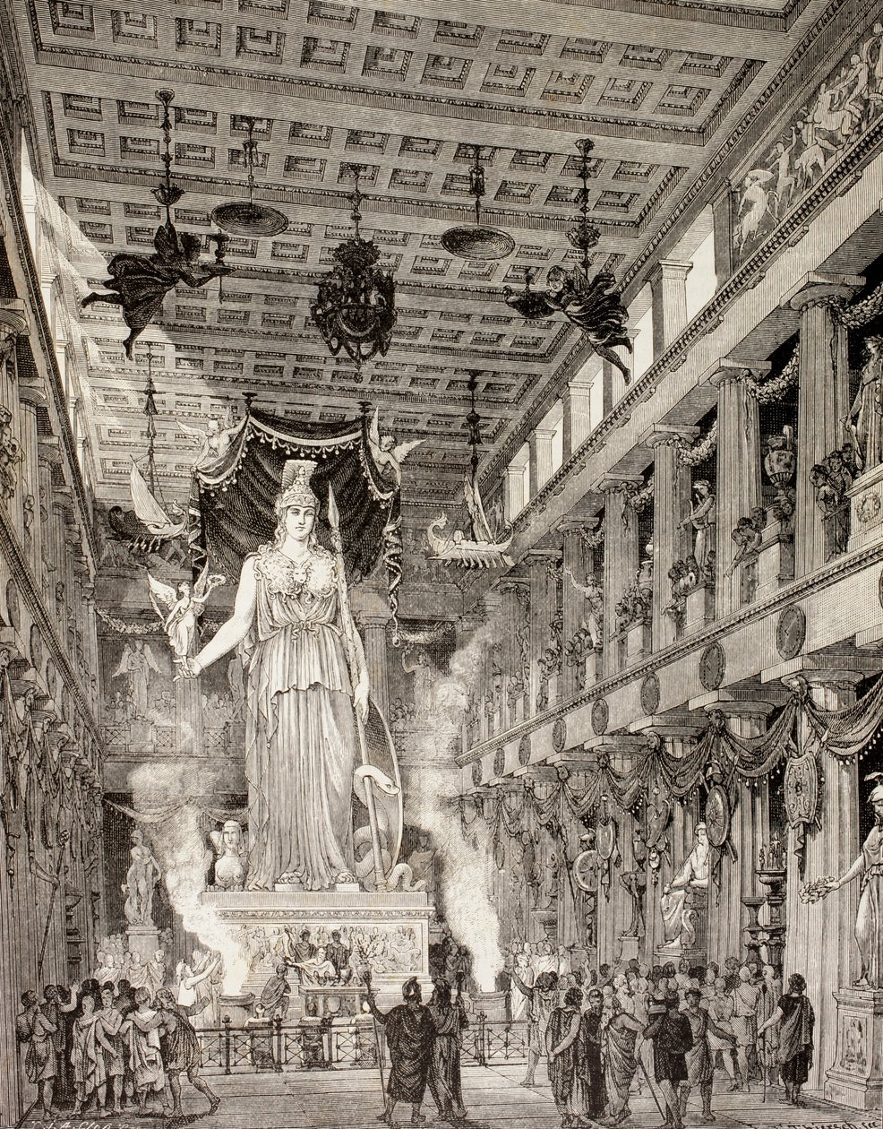Kunstnerindtryk af statuen af gudinden Athena i Parthenon, Athen, i den klassiske periode, fra 