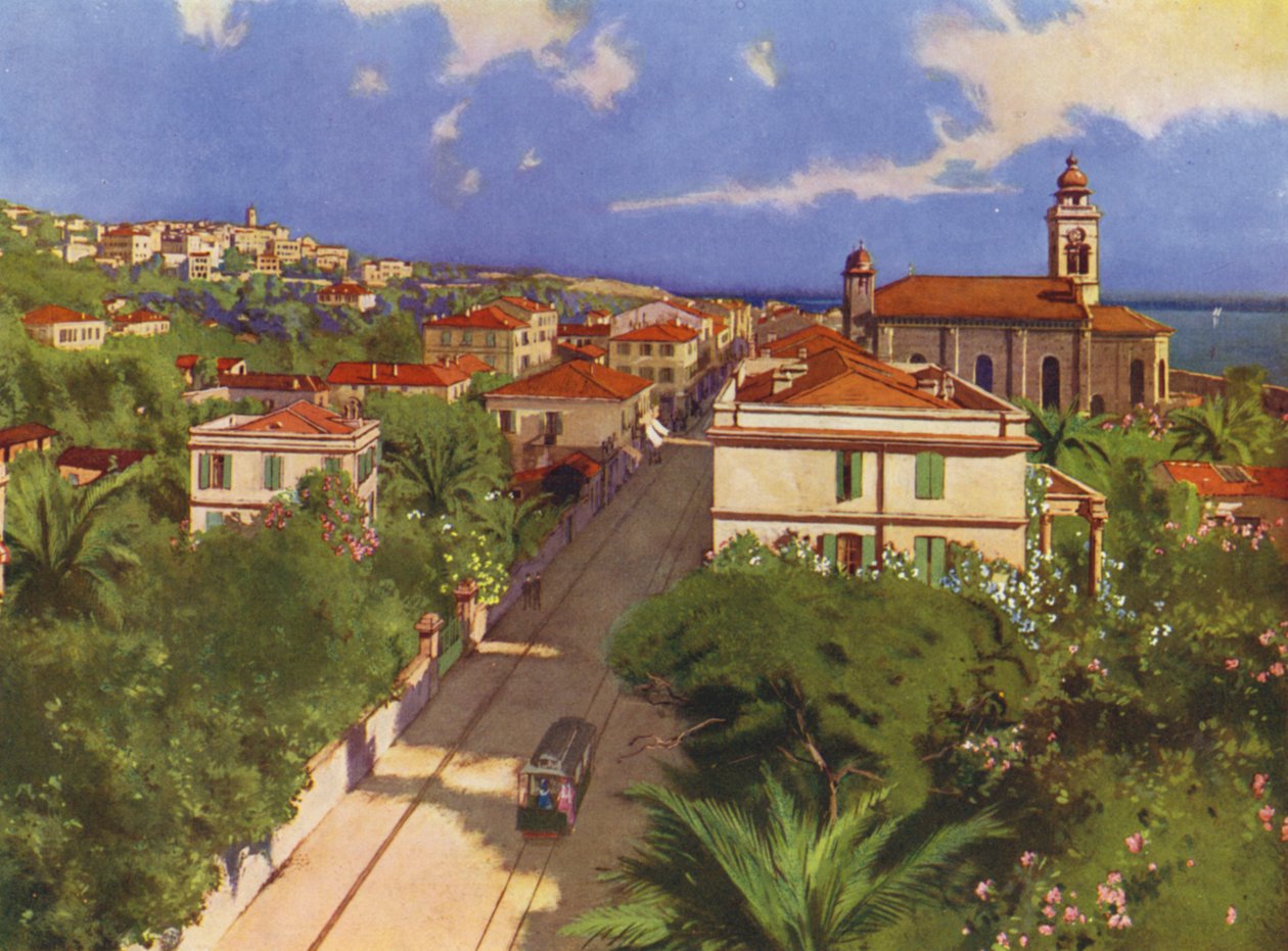 Bordighera, Via Vittorio Emmanuele og Vue Generale (farvelitografi) af European School