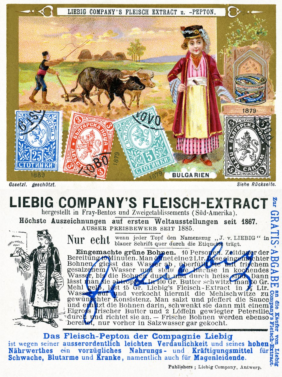 Bulgarske frimærker, for- og bagside af et Liebig-kampagnekort, 1897 af European School