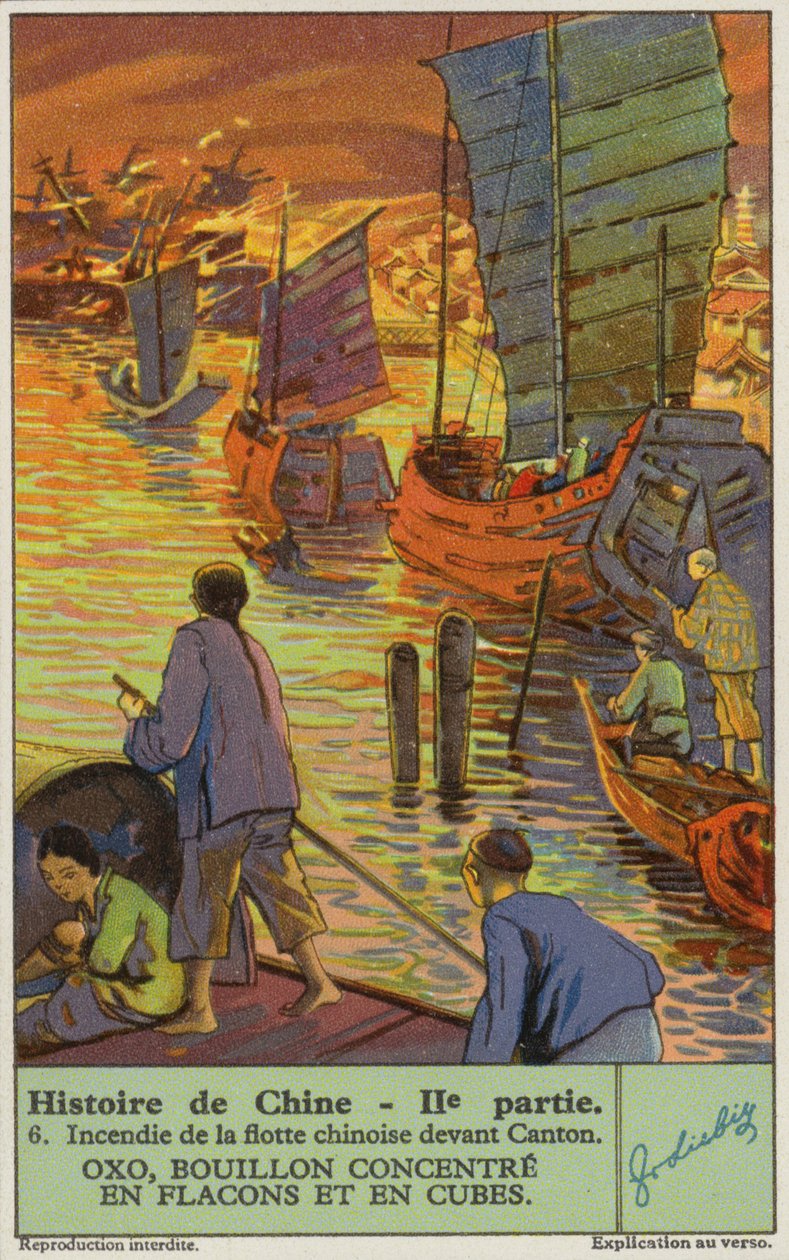 Afbrænding af den kinesiske flåde ved Canton (chromolitho) af European School