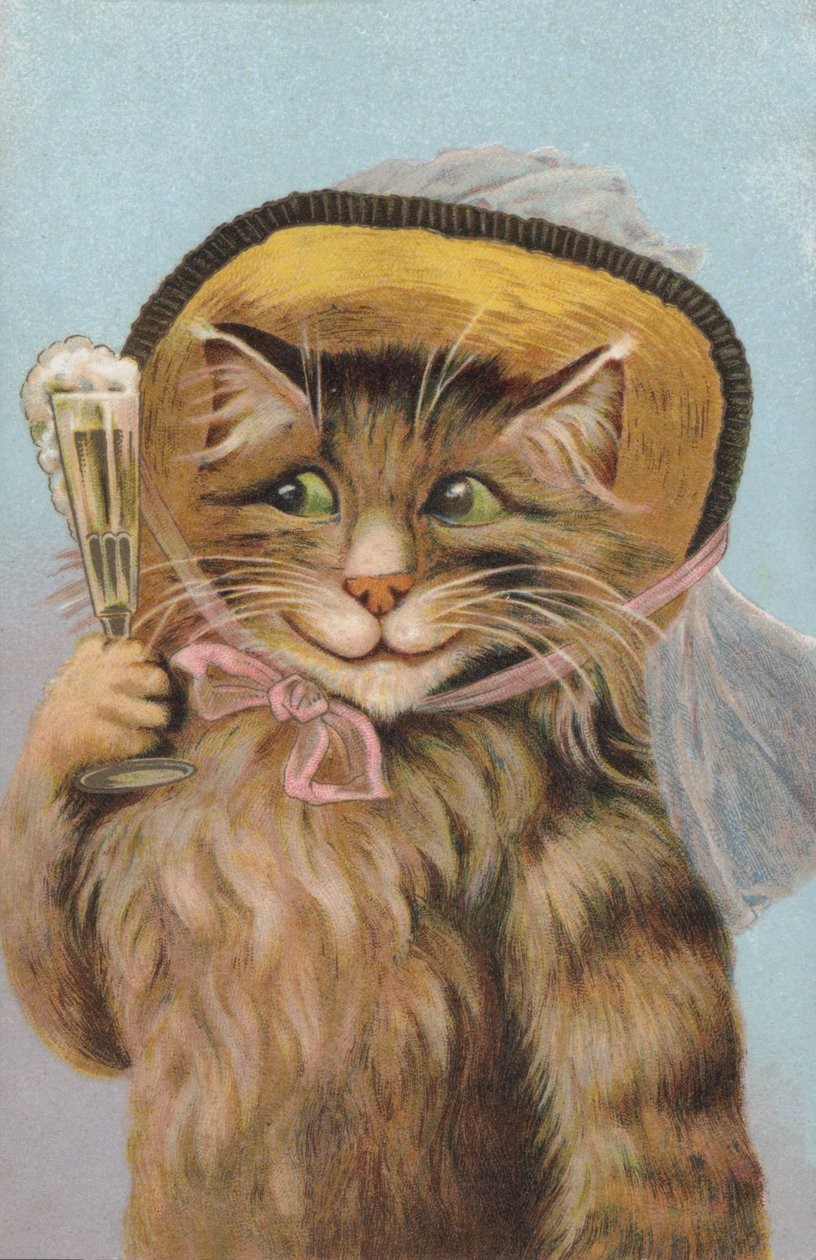 Kat med hat og et glas champagne i hånden (chromolitho) af European School