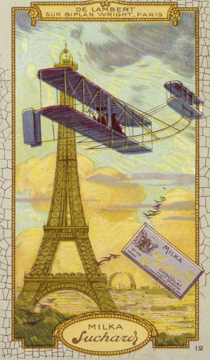 Charles de Lambert i et Wright-dobbeltfly, Paris (chromolitho) af European School