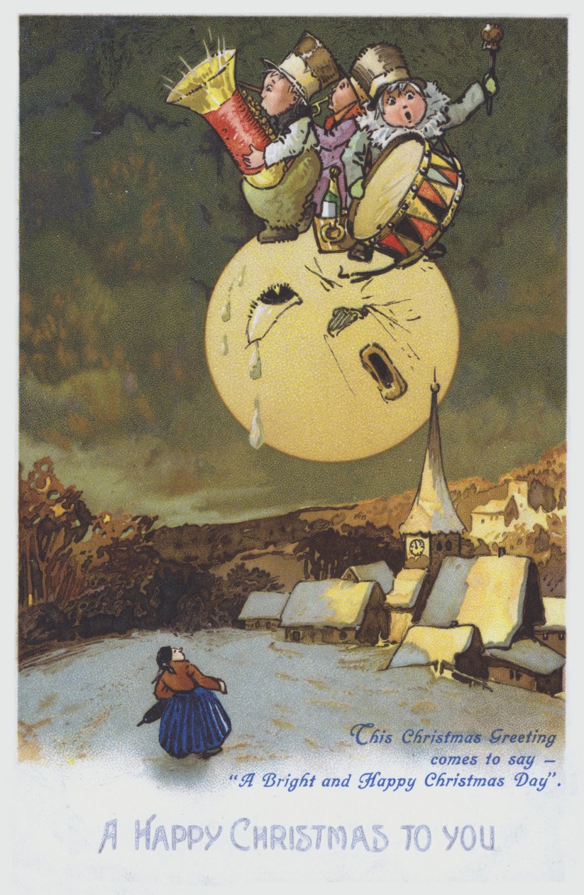 Julekort med en gruppe musikere på månen over en sneklædt by. (chromolitho) af European School