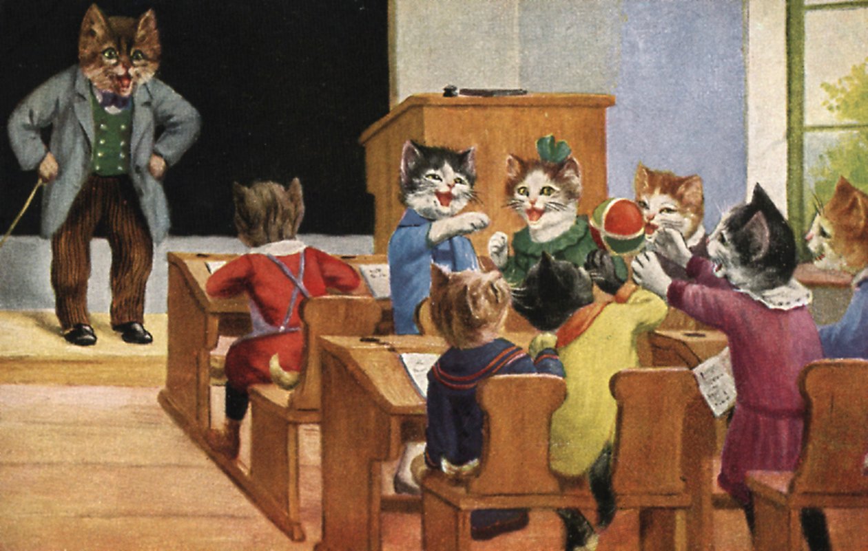 Klasseværelse med katte (farvelitografi) af European School
