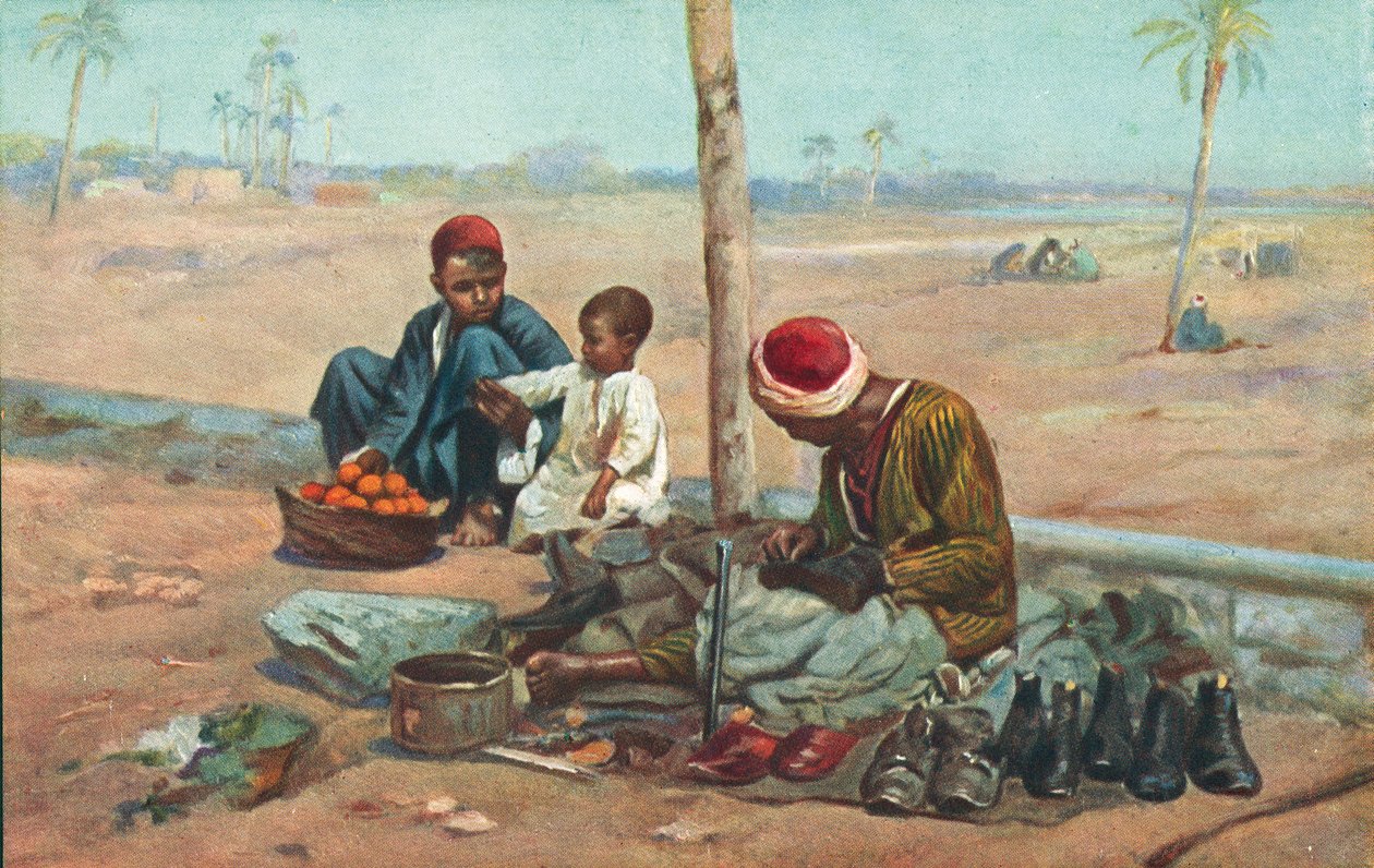 Skomager og børn, Egypten (farvelitografi) af European School
