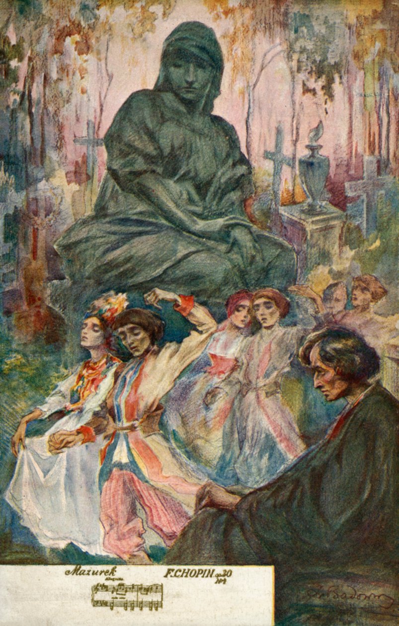 Danser til en mazurka komponeret af Frederic Chopin (farvelitografi) af European School