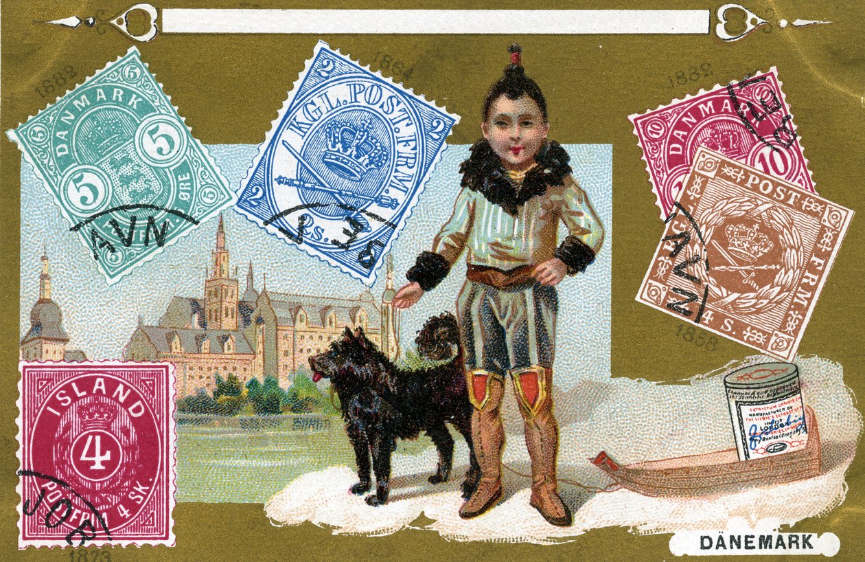 Danske og islandske frimærker med et inuitbarn og hans hund, 1897 af European School