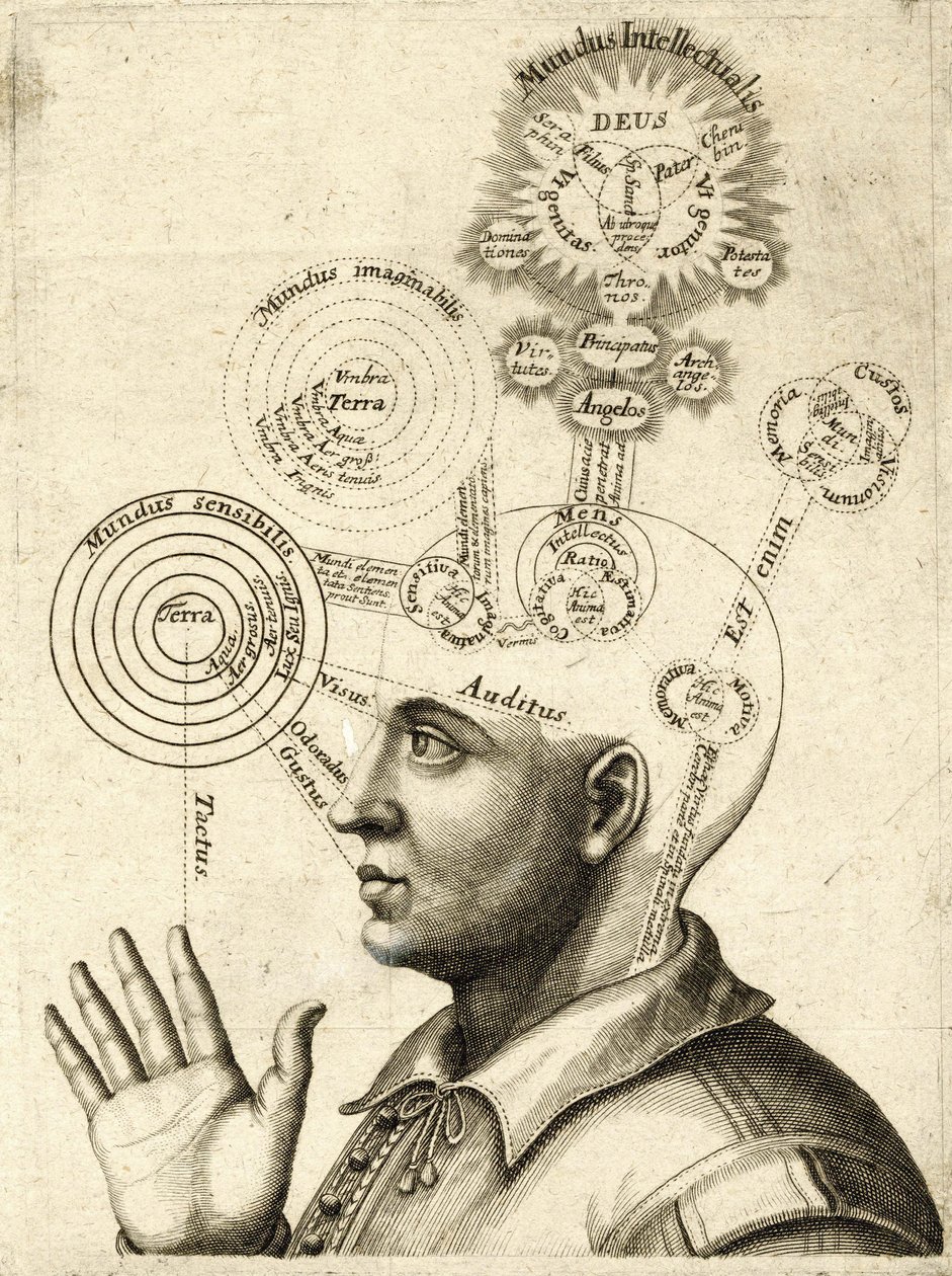Diagram over den menneskelige tanke og de fire sanser, ca. 1650 (kobberstik) af European School