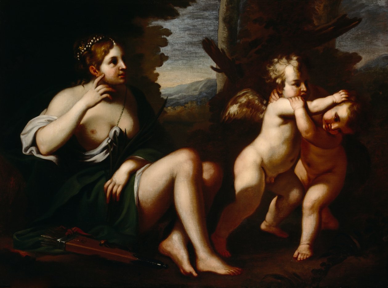 Diana og amoriner (olie på lærred) af European School