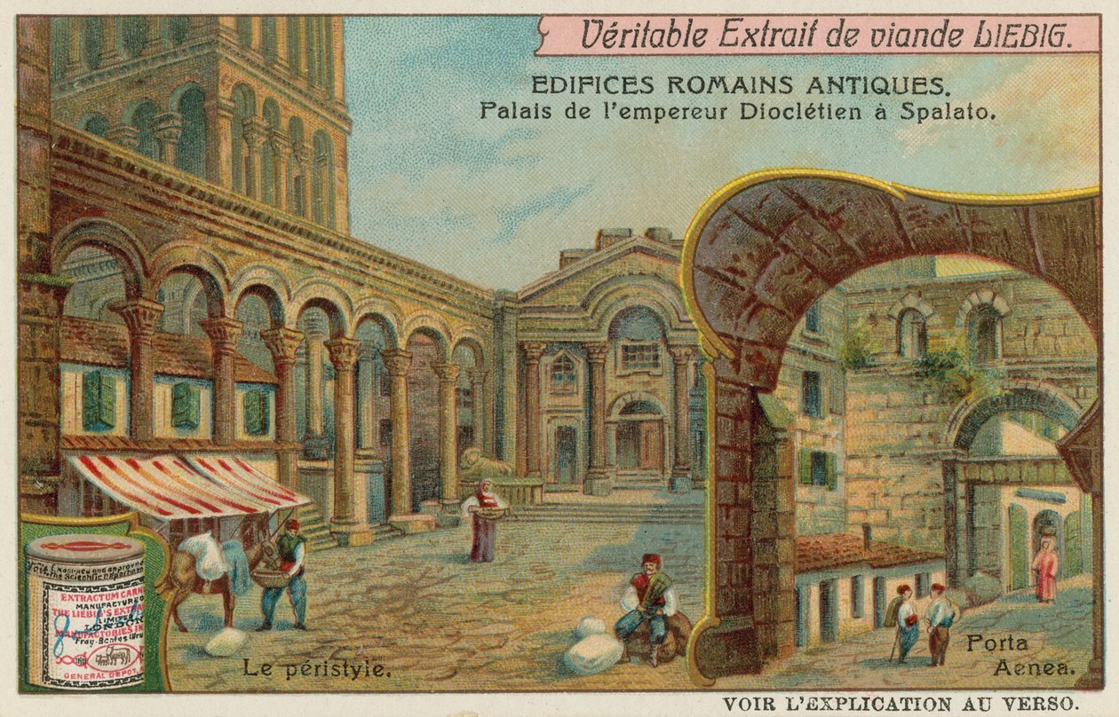 Diocletians Palads i Split i Kroatien med detalje af kolonnaden og den sydlige havport (chromolitho) af European School