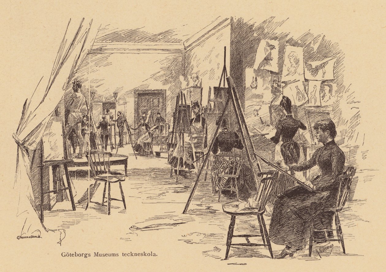 Tegneklasse på Gøteborg Museum, Sverige (gravering) af European School