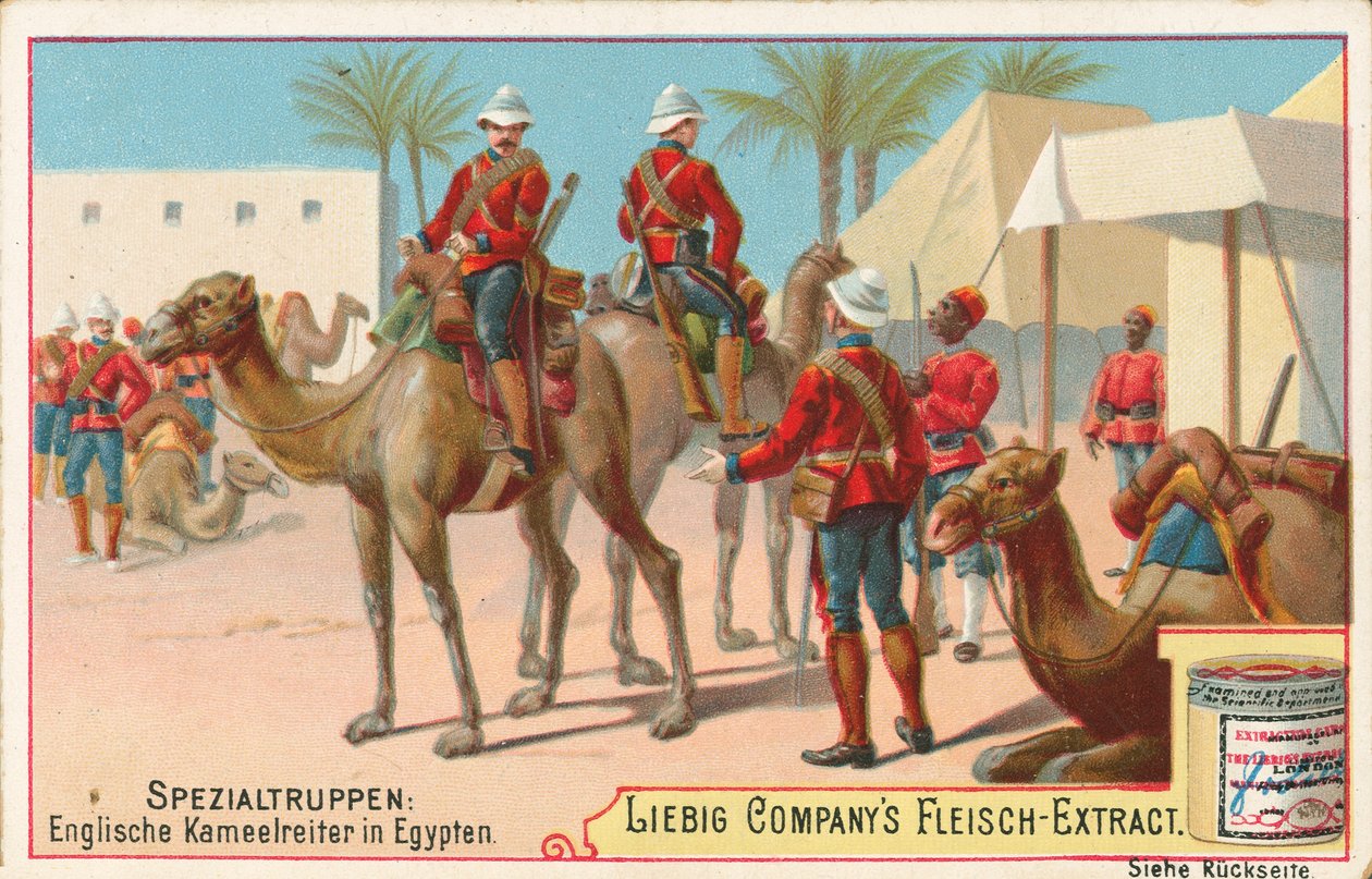Engelske soldater på kameler, Liebig-kort, begyndelsen af det 20. århundrede (chromo) af European School