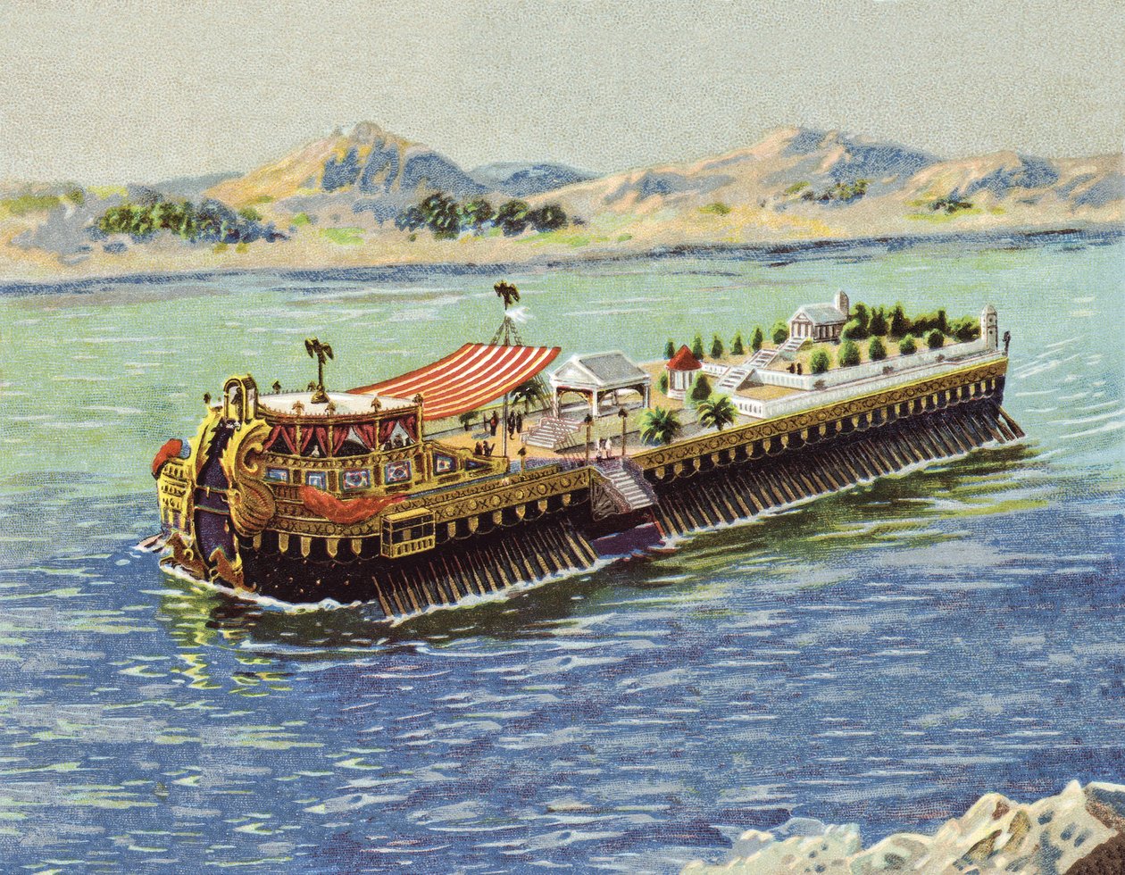 Kejser Caligulas galej på Nemi-søen, Italien (chromolitho) af European School