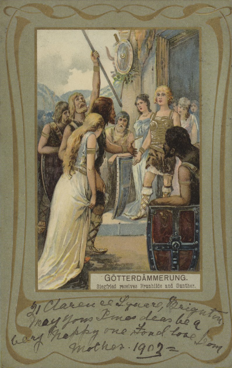 Gotterdammerung, Siegfried modtager Brunhilde og Gunther (farvelitografi) af European School