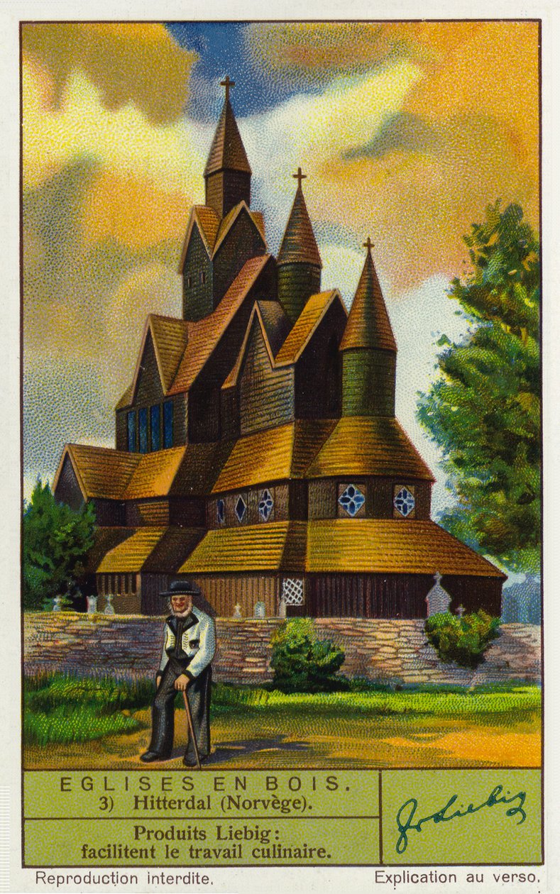 Heddal Stavkirke, Norge (chromolitho) af European School