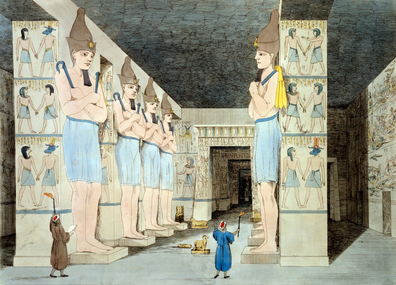Interiør af Rameses-templet i Abu Simbel (farvet radering) af European School