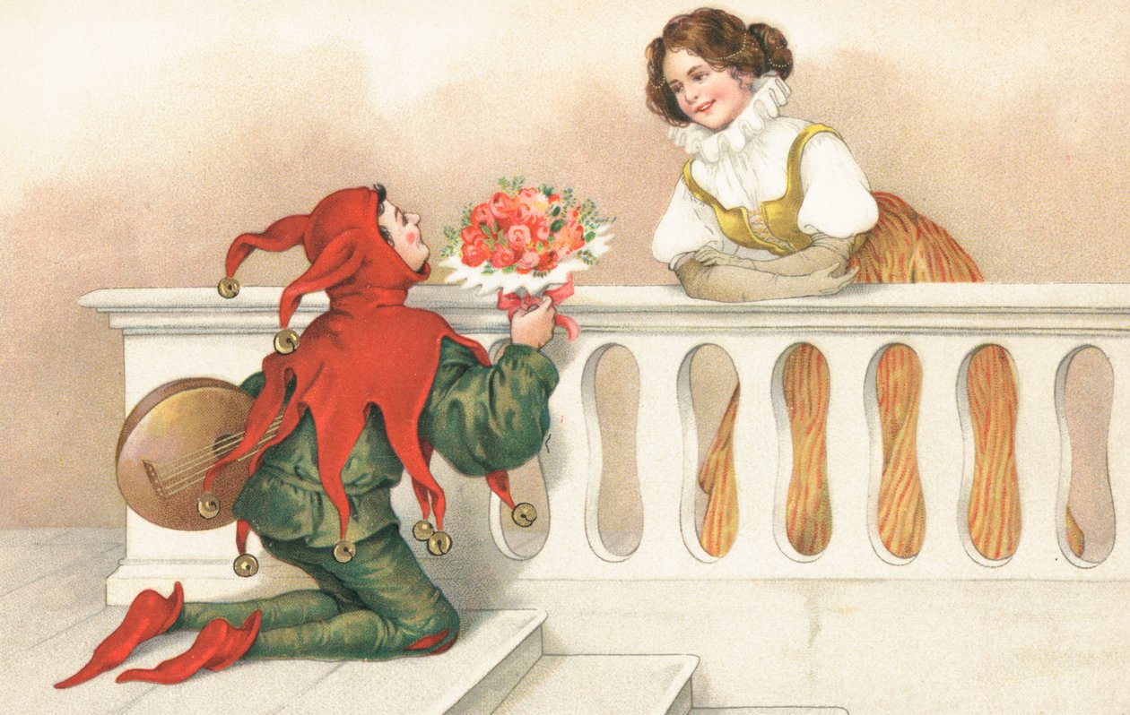 Gøgler overrækker roser til en smuk pige på en balkon (chromolitho) af European School